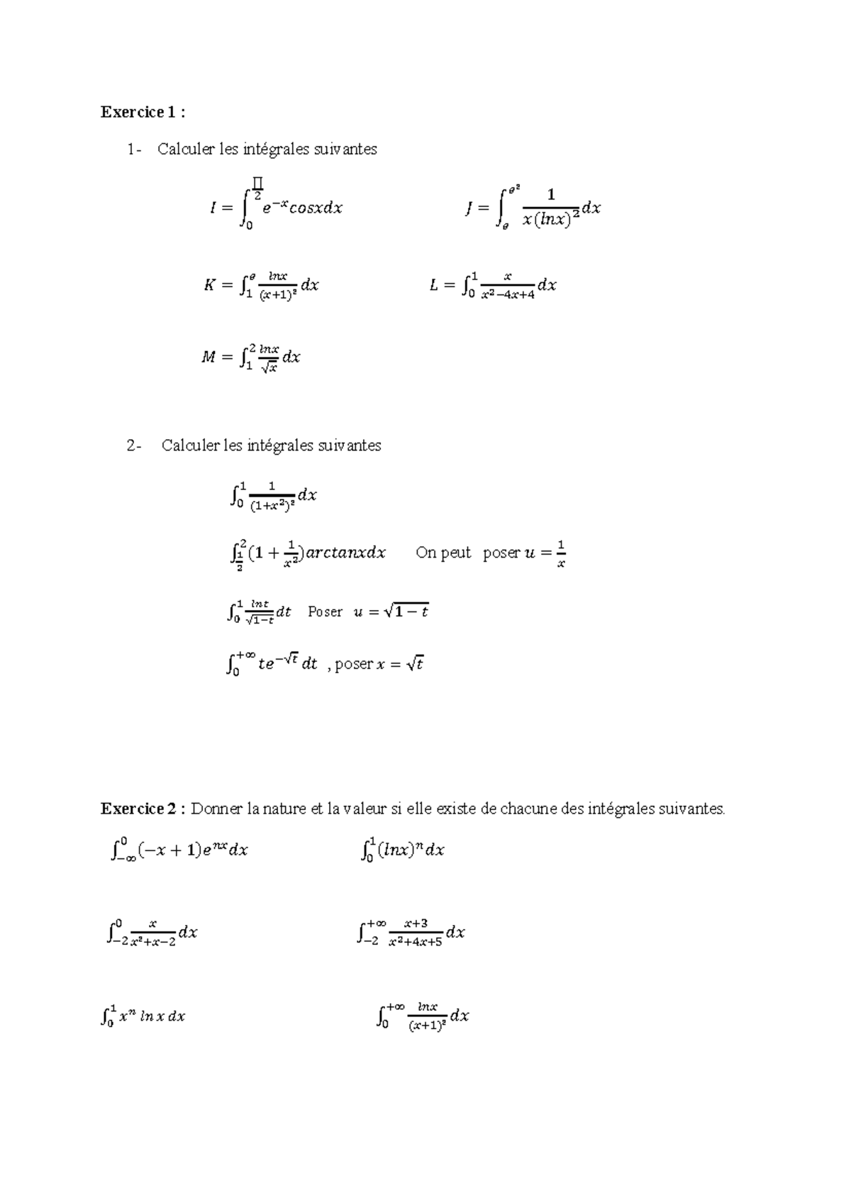Exercice 1 : Calcul des intégrales - Ds integral 2025-1 - Studocu