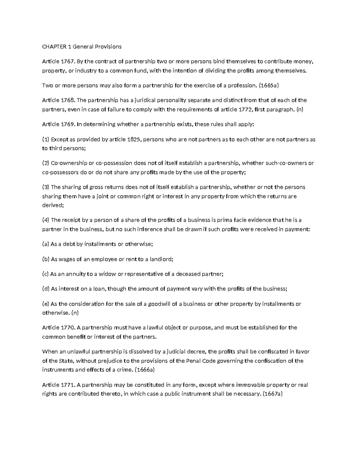 LAW 101: CHAPTER 1 - General Provisions on Partnership - Studocu