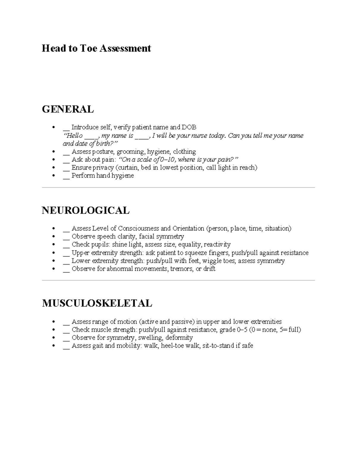 Head to Toe Assessment Guide for Nursing Practice - Studocu
