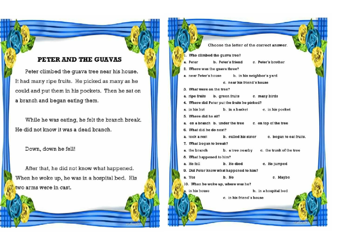 Reading Comprehension Exercises: Peter and the Guavas, Dan's Riding ...