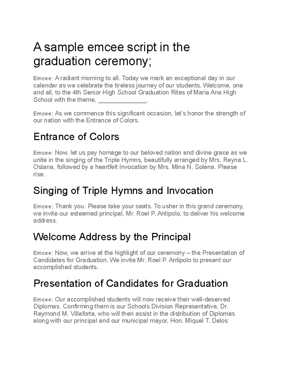 SHS 4th Graduation Ceremony Emcee Script Sample - Studocu