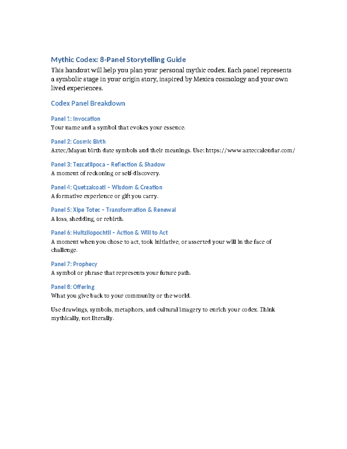 Mythic Codex Handout: A Storytelling Guide for Personal Myths - Studocu