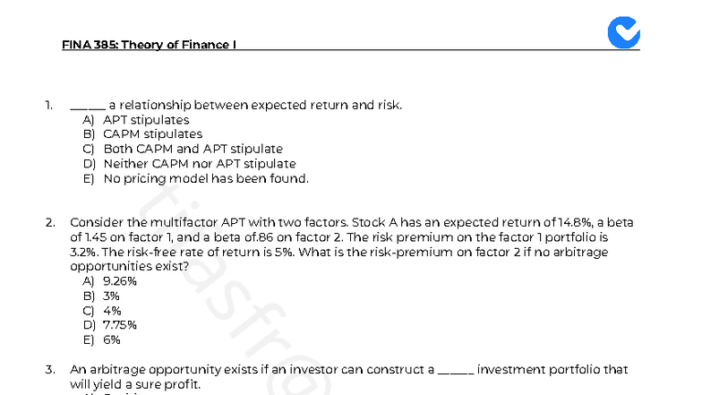FINA 385: Theory of Finance I Final Exam Mock Questions and Answers ...