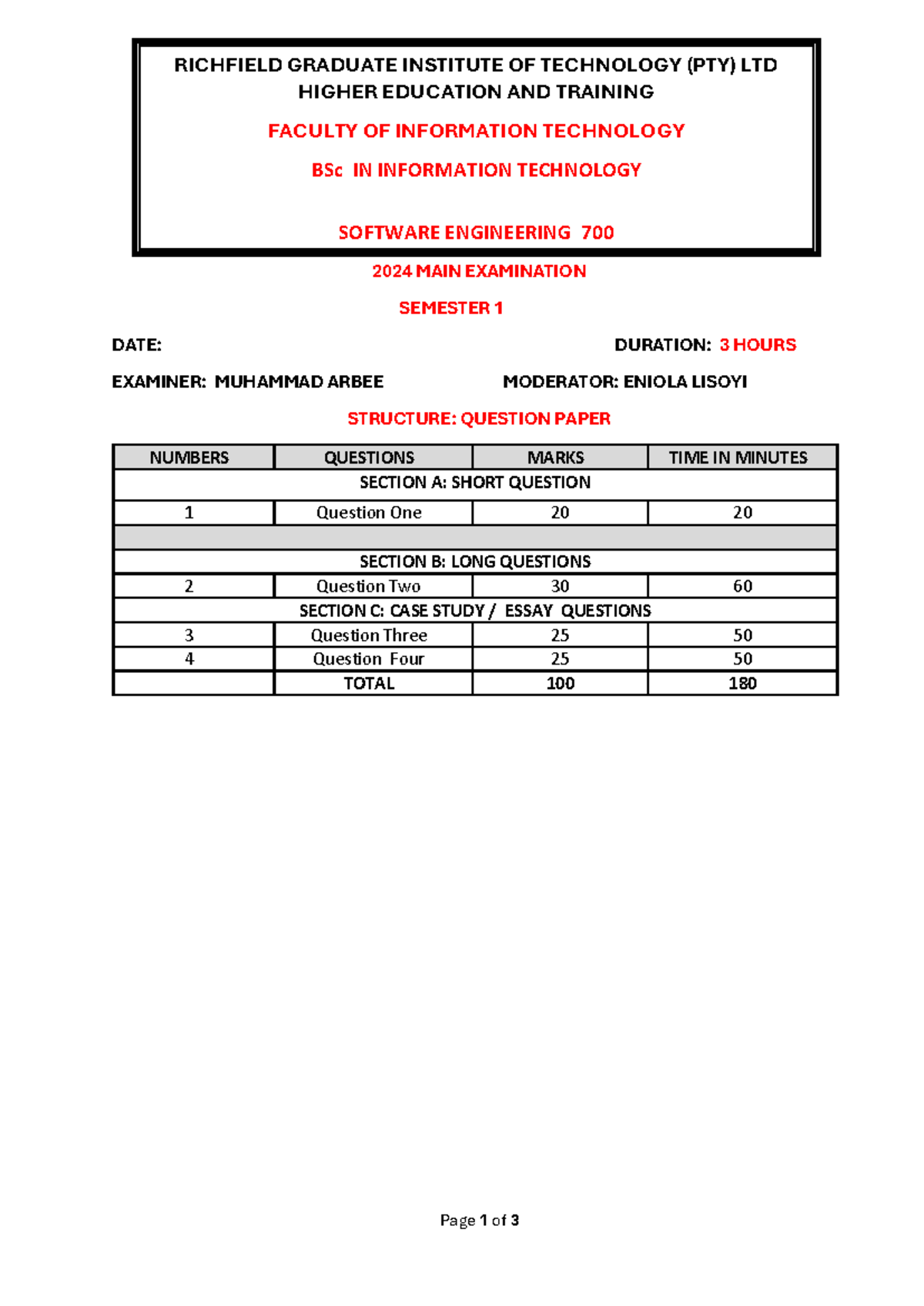 Software Engineering 700 Exam Paper - BSc IT 700 - Main Exam 2024 - Studocu