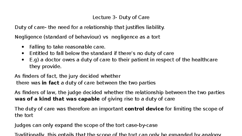 Lecture 3: Duty of Care - Negligence and Liability Notes - Studocu