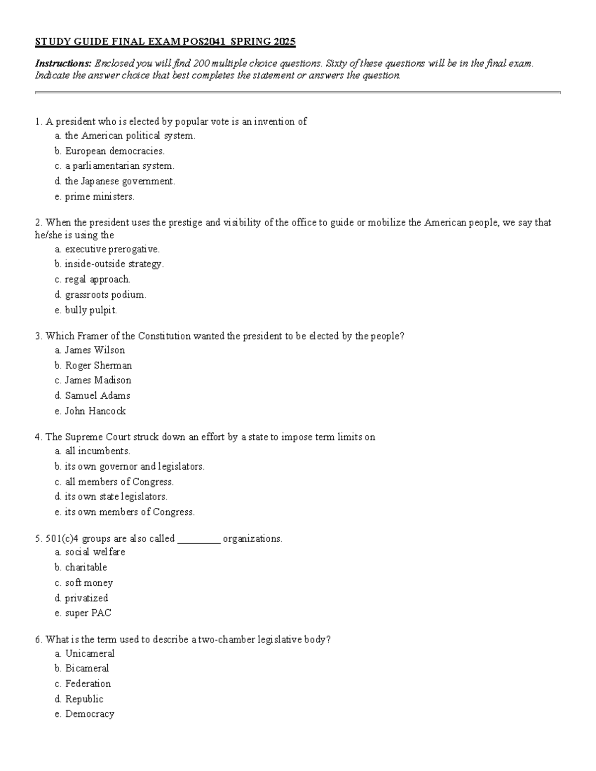 Final Exam Study Guide for POS2041: Spring 2025 MCQ Review - Studocu