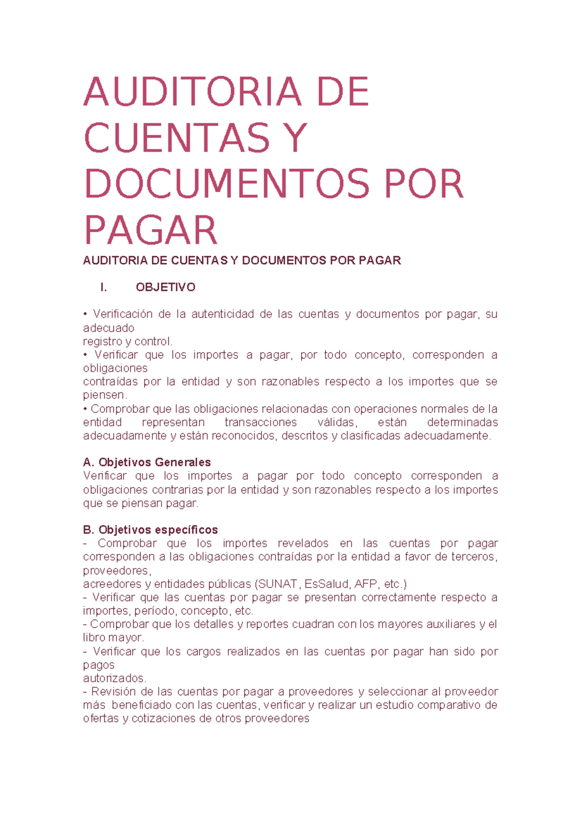AUDITORÍA DE CUENTAS Y DOCUMENTOS POR PAGAR - OBJETIVOS Y ...