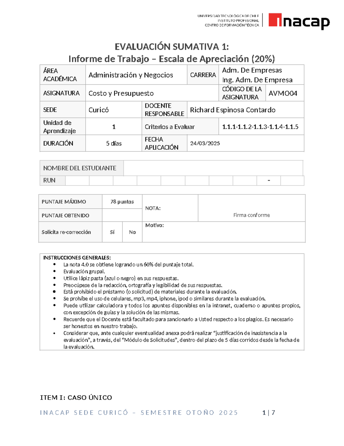 Prueba 1: Informe de Costo y Presupuesto - AVMO Otoño 2025 - Studocu