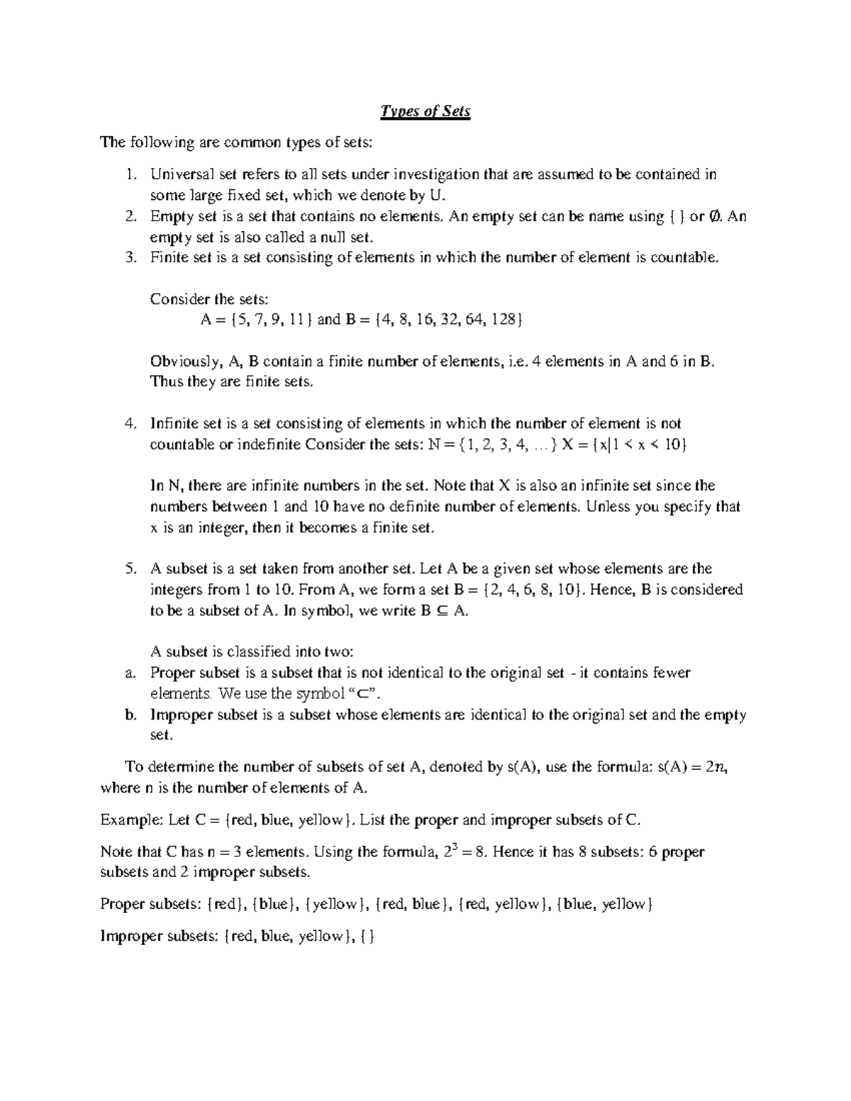 Types of Sets: Universal, Finite, Infinite, Subsets Explained - Studocu