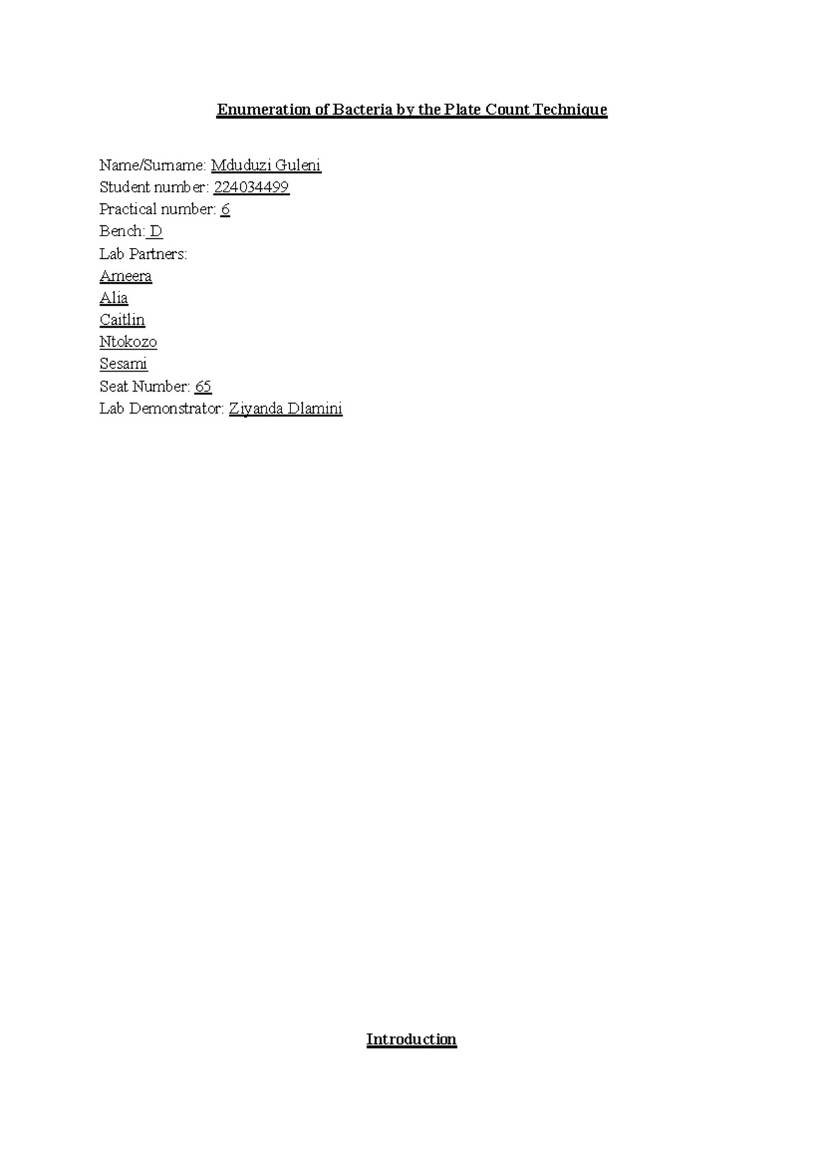 Practical Report on Bacterial Enumeration Using Plate Count Techniques ...
