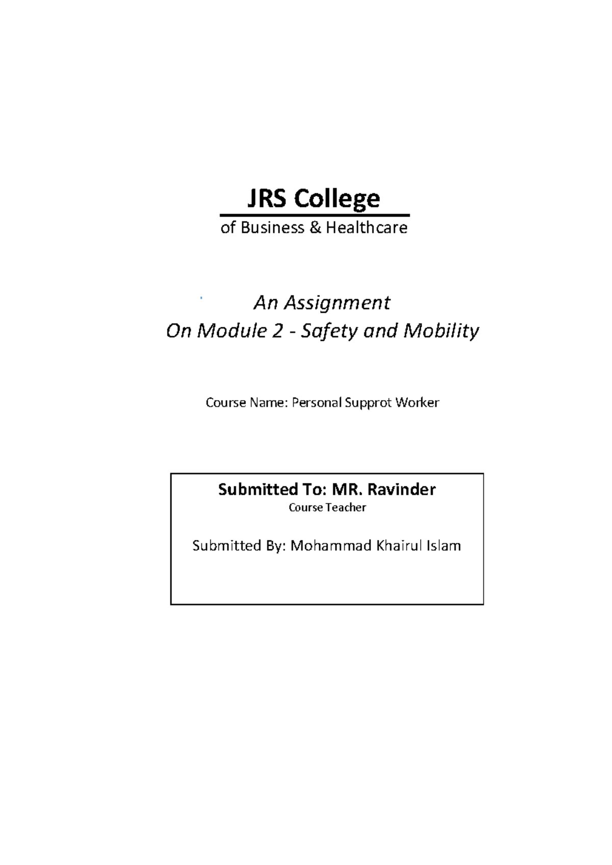 JRS College of Business PSW Module 2 Home Safety Inspection Report ...