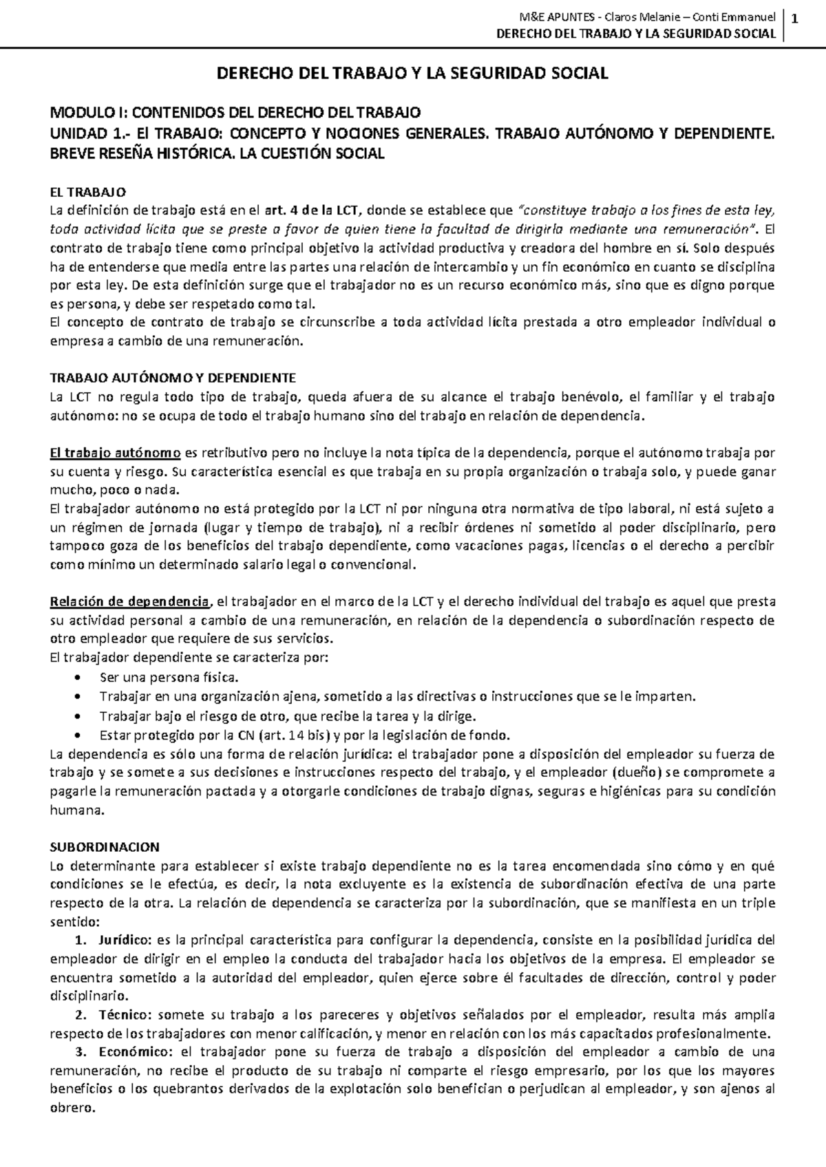M&E Apuntes - Laboral (1) - DERECHO DEL TRABAJO Y LA SEGURIDAD SOCIAL 1 ...