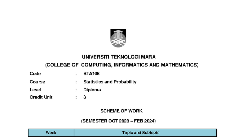 Scheme of Work for STA108: Statistics & Probability (Oct 2023 - Feb ...