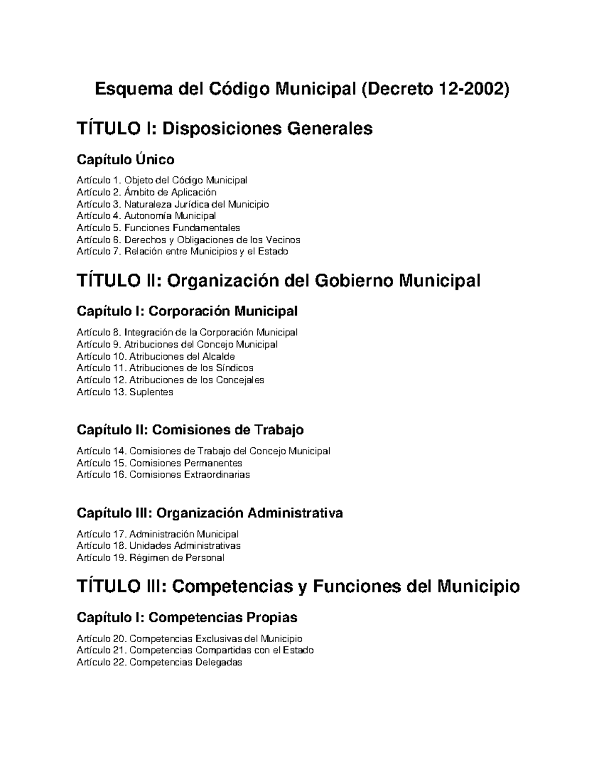 Esquema del Código Municipal: Disposiciones y Organización - Studocu