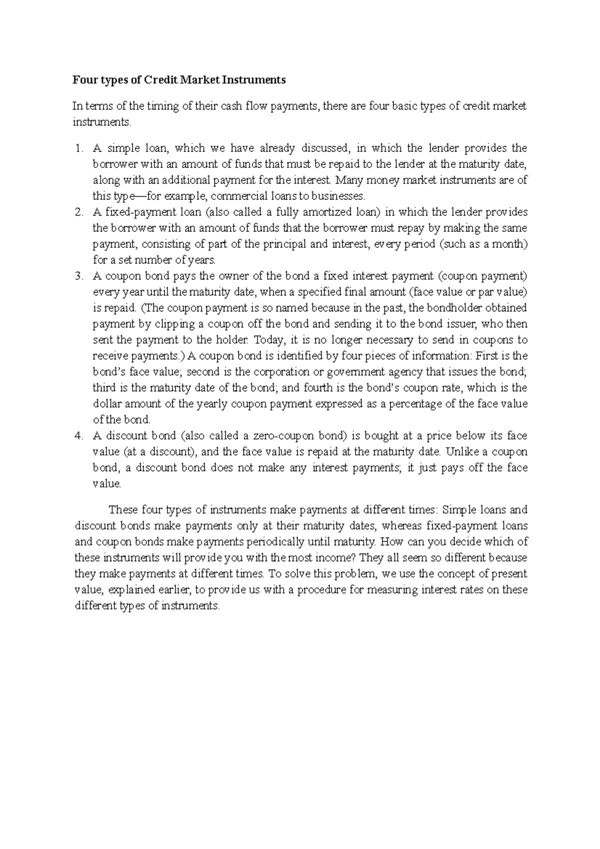 Understanding Four Types of Credit Market Instruments - Studocu