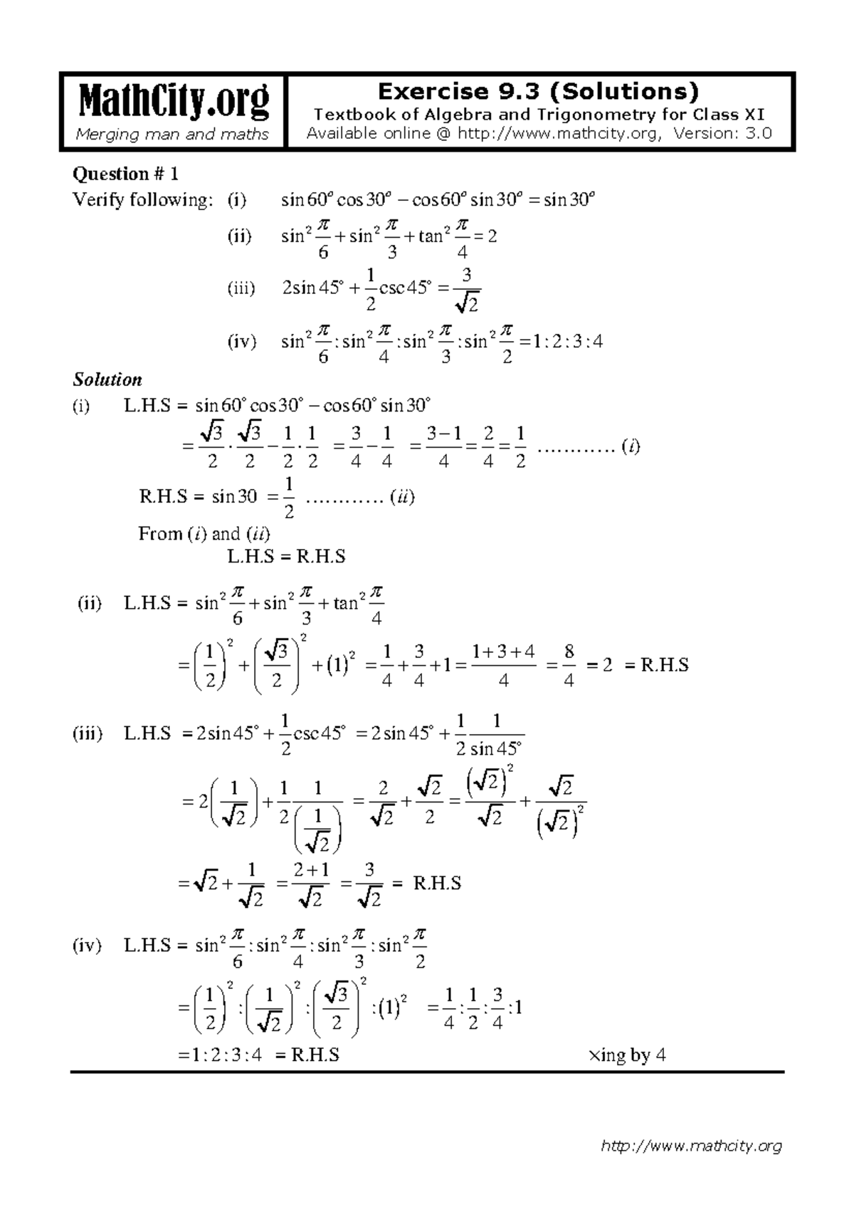 Exercise 9.3 Solutions for Algebra & Trigonometry (Class XI) - Studocu