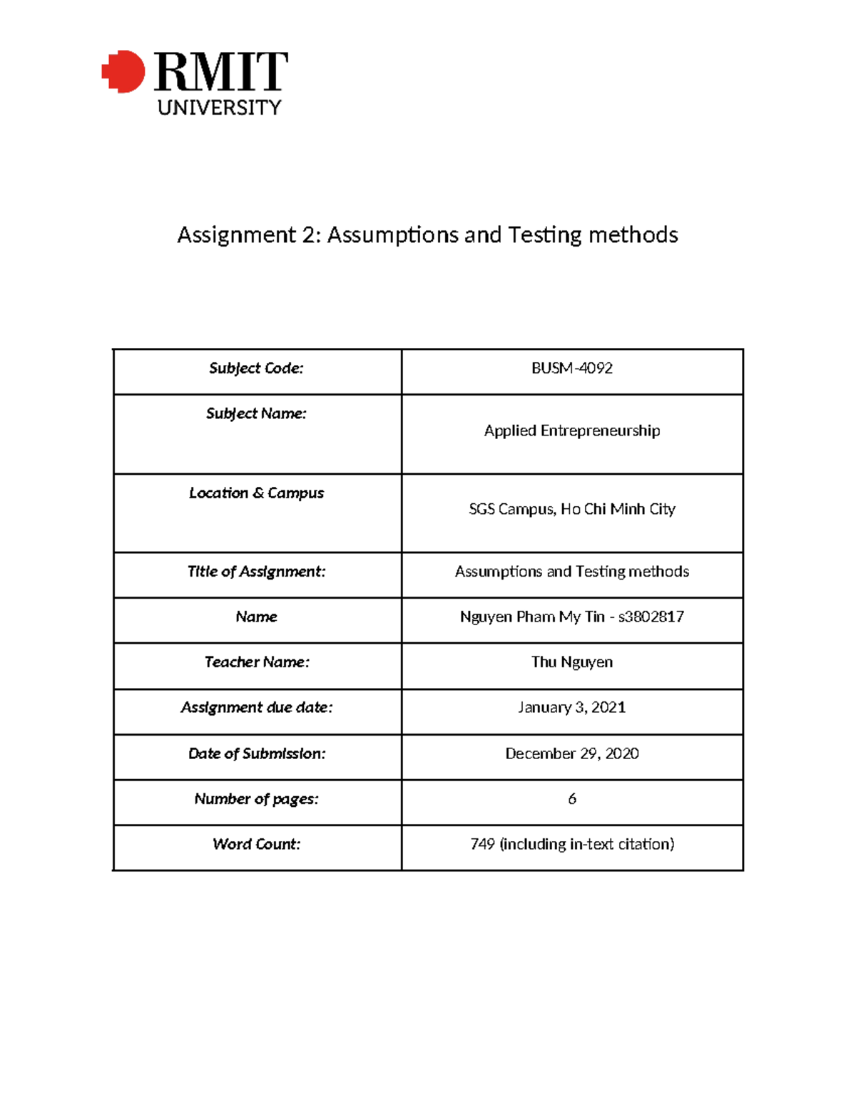 BUSM- Applied Entrepreneurship: Assumptions & Testing Methods ...