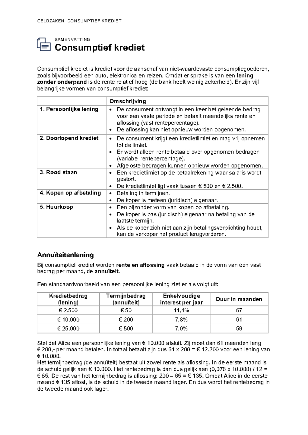 Samenvatting C-t10059: Consumptief Krediet en Annuïteitenleningen ...
