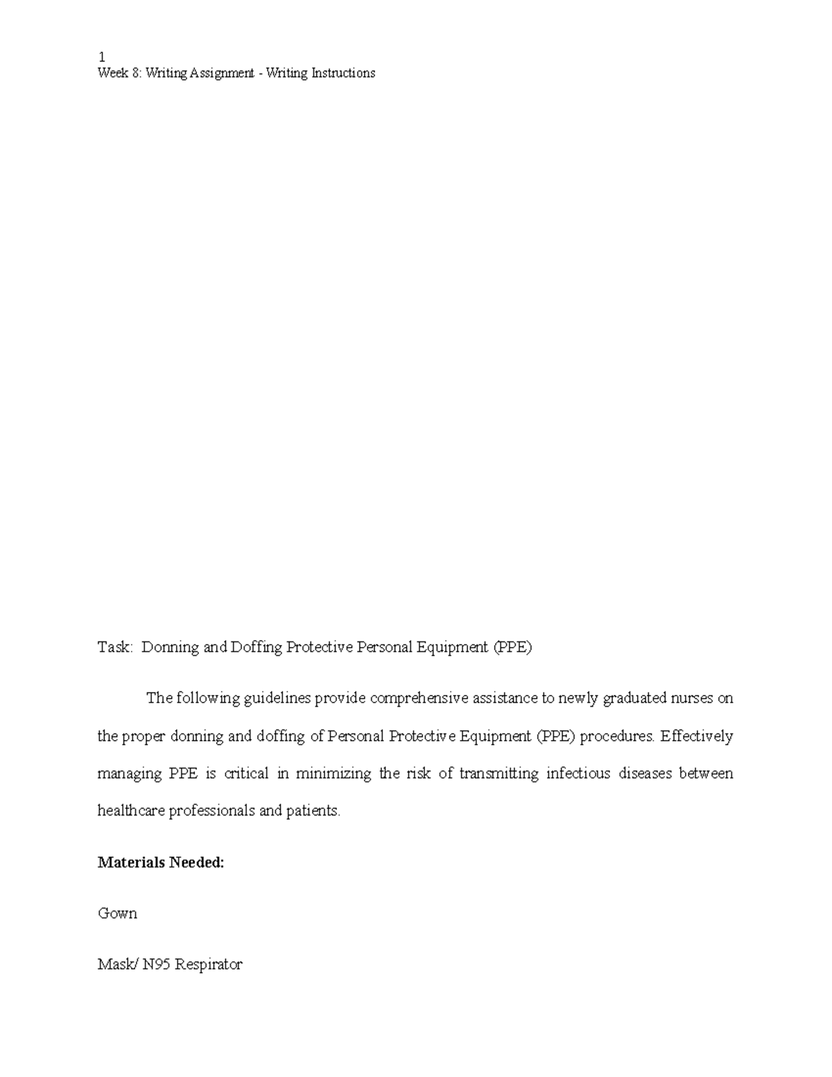 Week 8 - Writing Assignment: Donning & Doffing PPE Instructions - Studocu