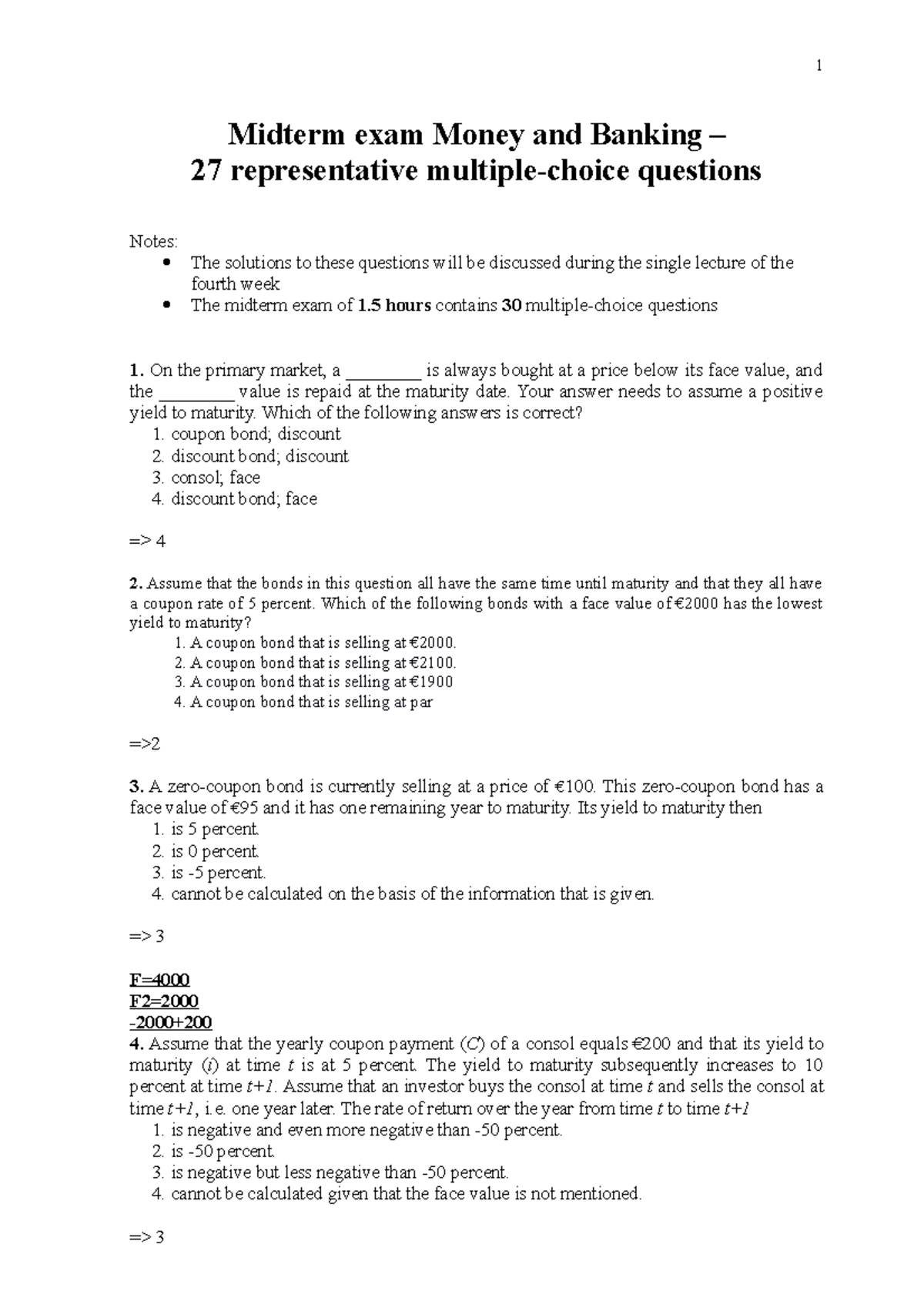 Midterm Exam Money & Banking (FIN301) - 27 Key MC Questions - Studeersnel