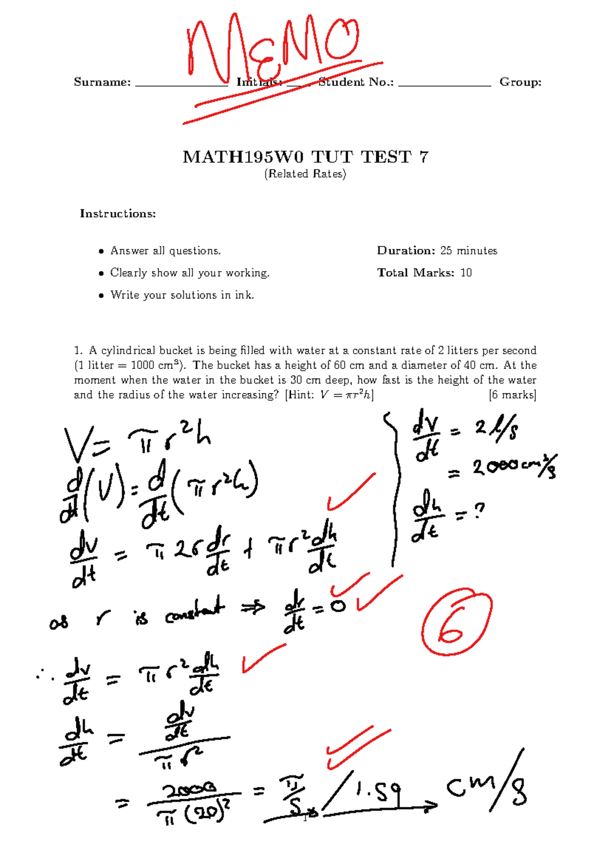 MATH195W0 TUT TEST 7: Related Rates Solutions Memo - Studocu