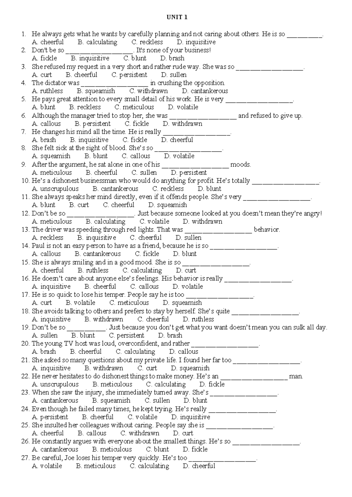 ENG 101: Vocabulary and Comprehension Test Questions - Studocu
