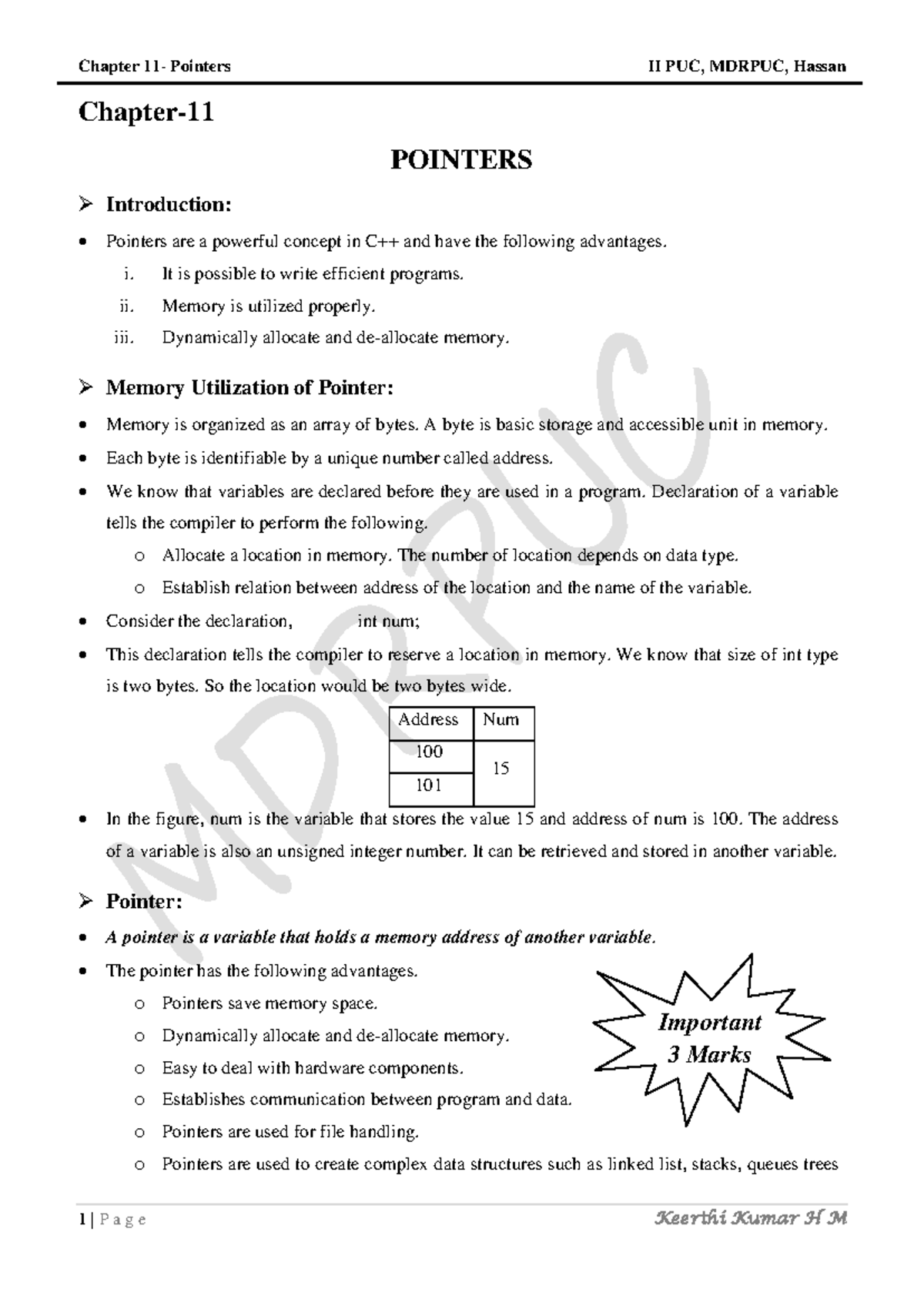 Chapter on Pointers: Key Concepts and Examples for II PUC, MDRPUC - Studocu