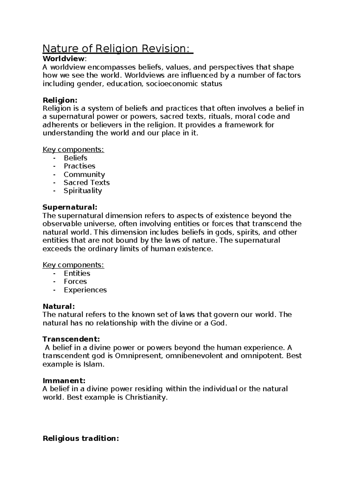 Nature of Religion Revision: Key Concepts and Beliefs - Studocu