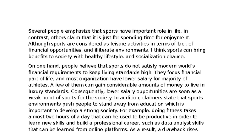 TASK 2: The Role of Sports in Society - Benefits vs. Criticism - Studocu