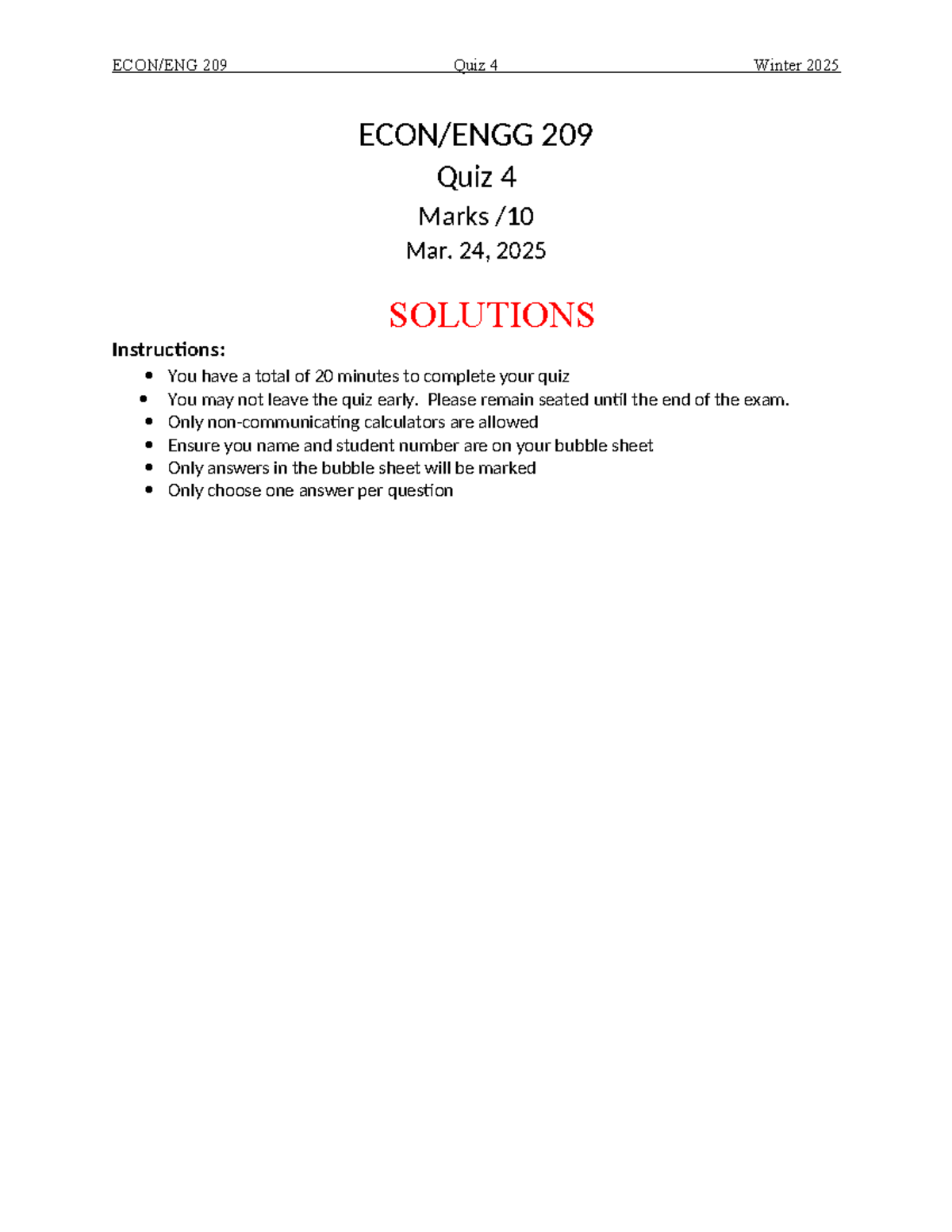 ECON 209 W25 Quiz 4 Solutions and Marks - Winter 2025 - Studocu