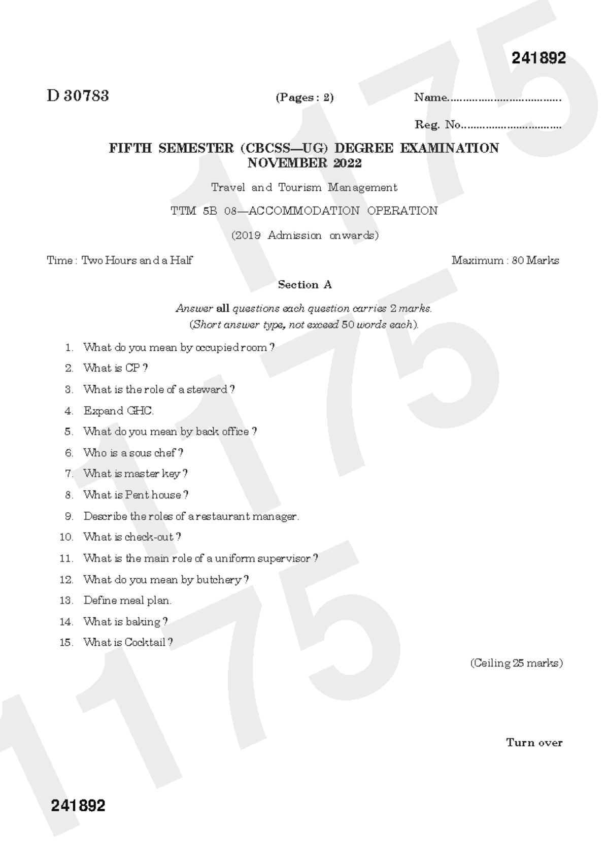 TTM 5B Accommodation & Operation Exam Questions - Nov 2022 - Studocu