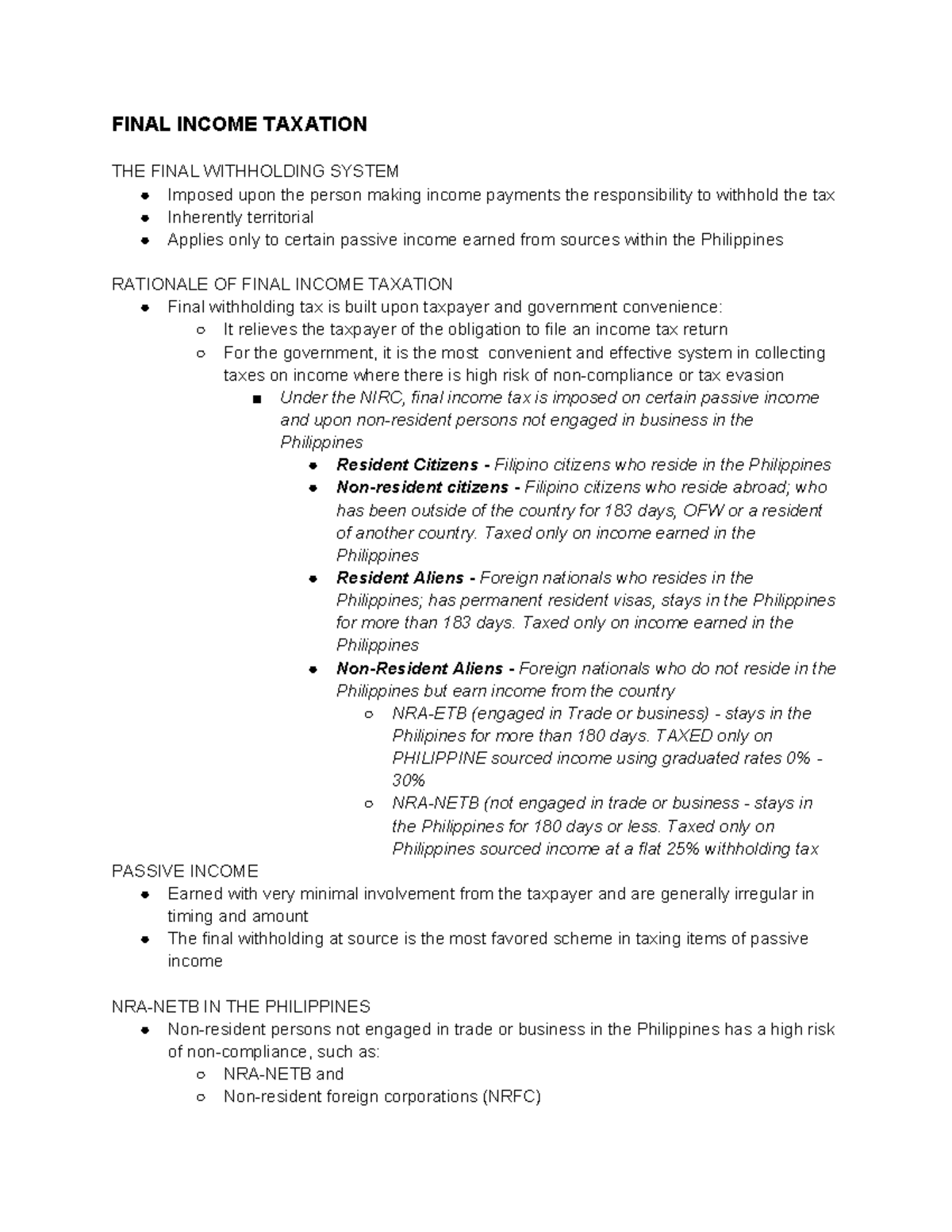 Final Income Taxation Notes - BUS-TAX 101 - Studocu