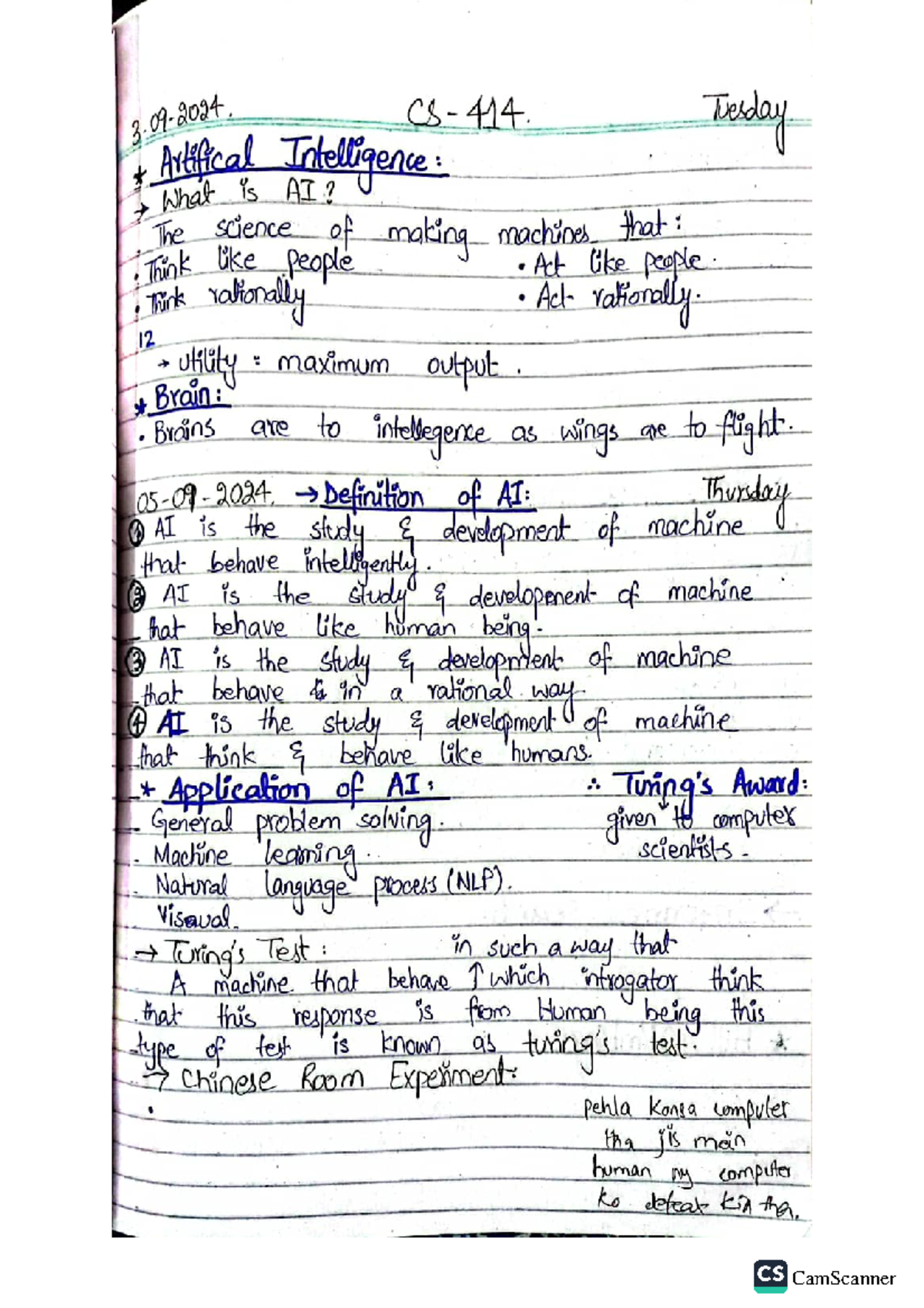 AI notes - 3. CS 414. Artifical Intelligence: : Tuesday What is AI ...