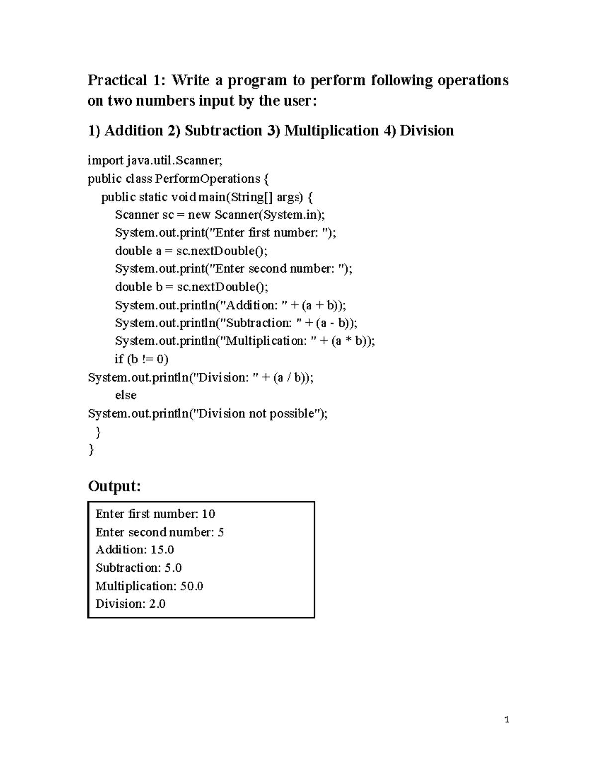 Practical 1: Java Program Operations on Two Numbers - Studocu