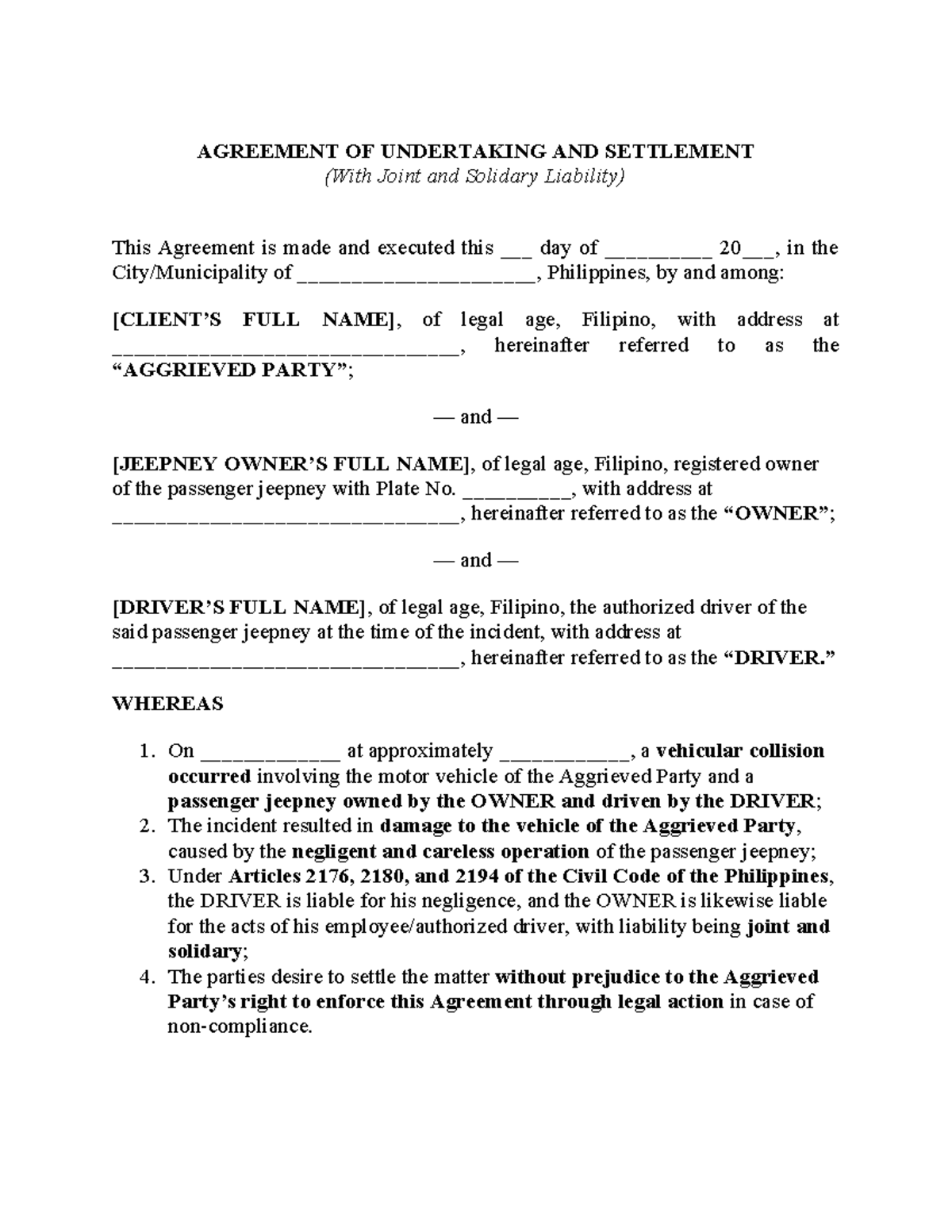 Agreement of Undertaking & Settlement (Joint & Solidary Liability ...