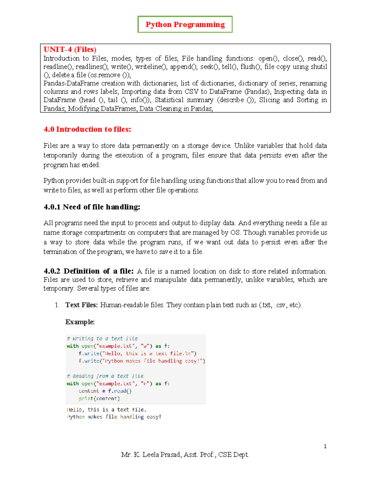 Python Programming - UNIT-4: File Handling - Studocu
