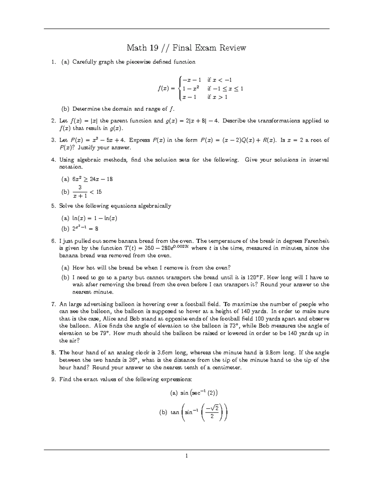 Math 19 Final Exam Comprehensive Study Guide: Piecewise Functions ...