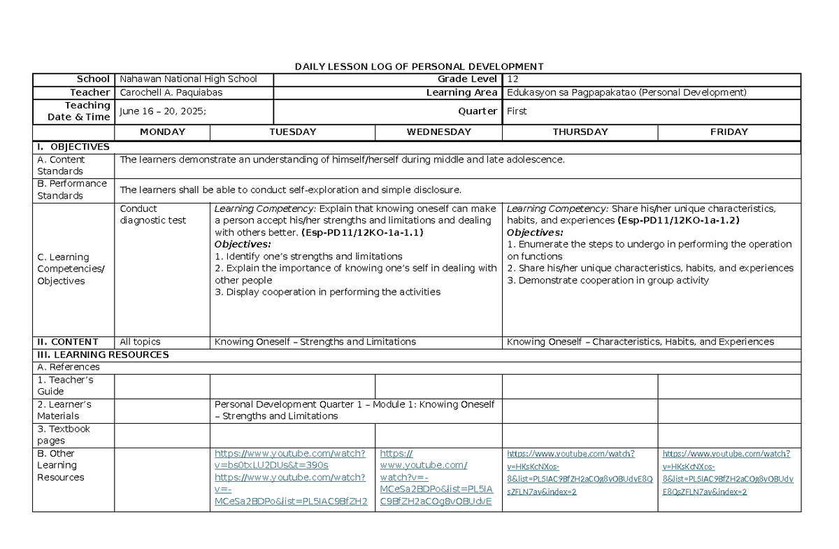DLL Q1W1: Personal Development Lesson Plan - Knowing Oneself - Studocu