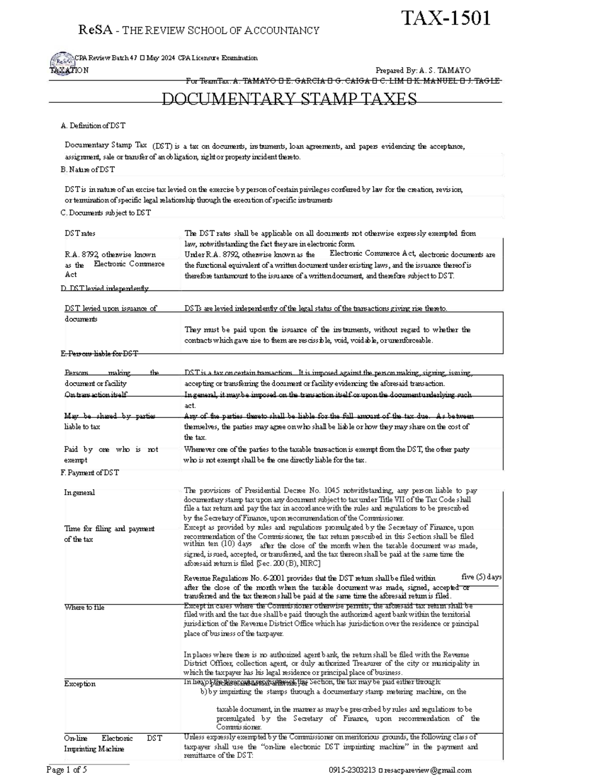 ReSA CPA Review Batch 47: Documentary Stamp Taxes Overview - Studocu