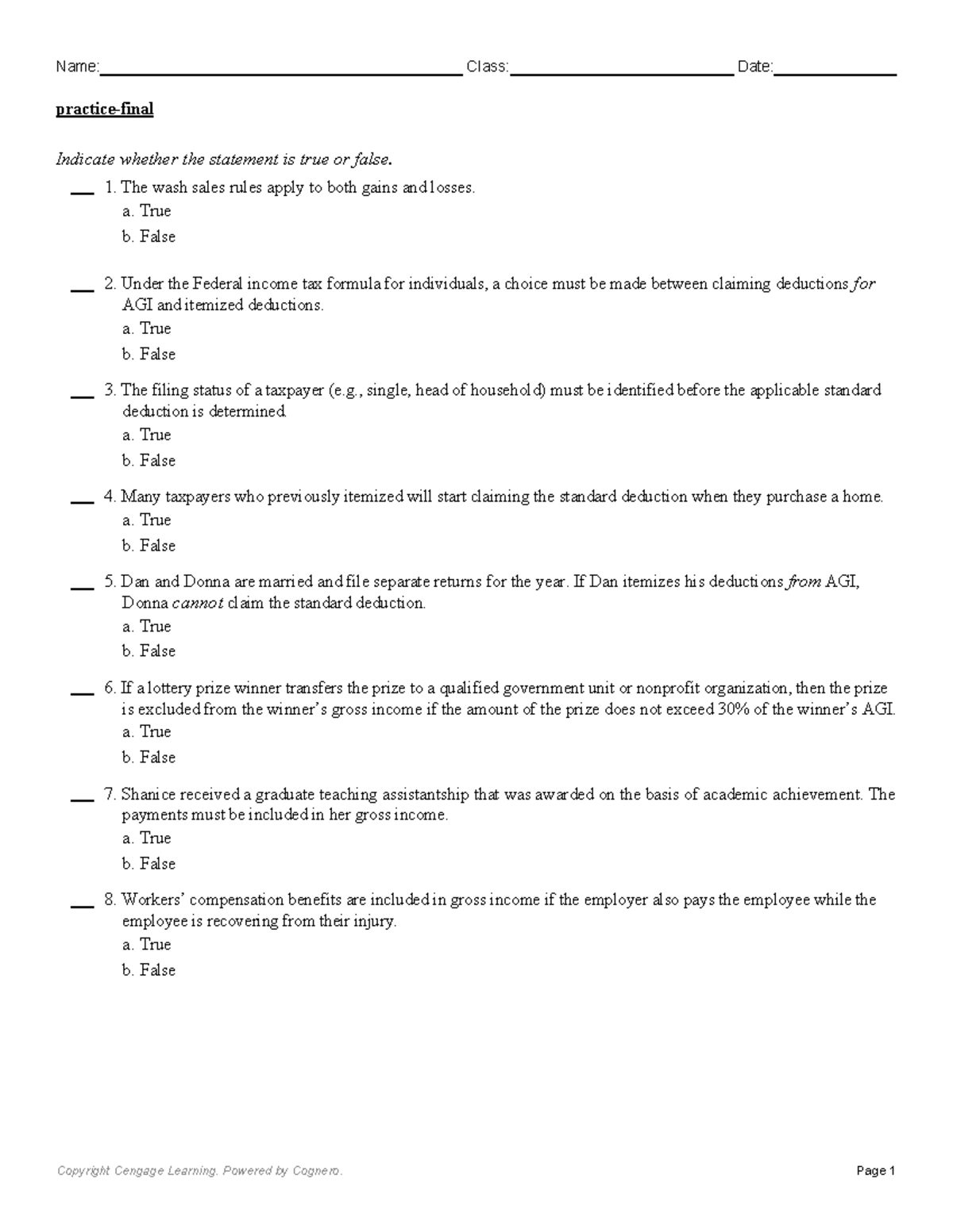 Practice Final Exam: True/False Questions for Taxation Concepts - Studocu