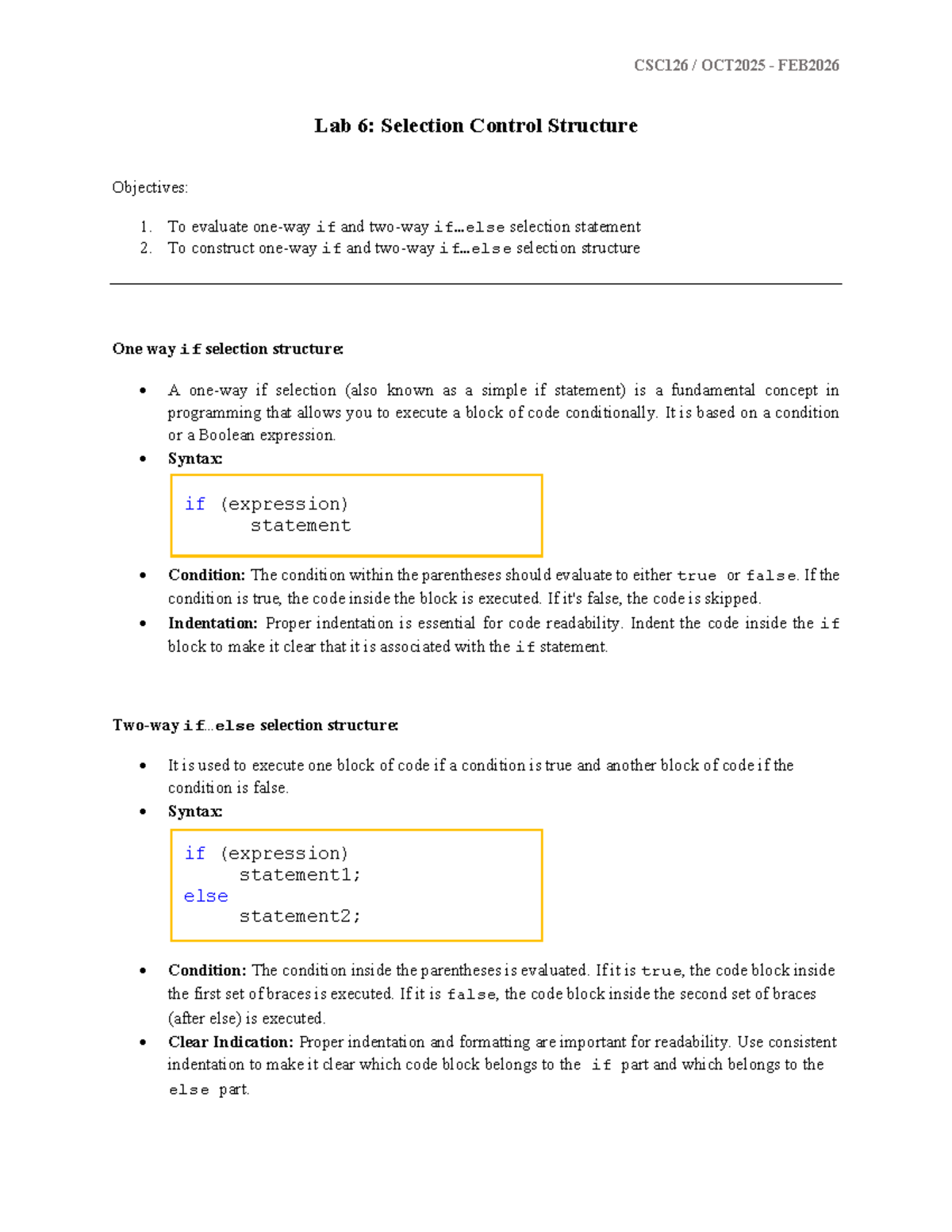 CSC126 OCT2025 FEB2026 Lab 6: Selection Control Structures and Tasks ...