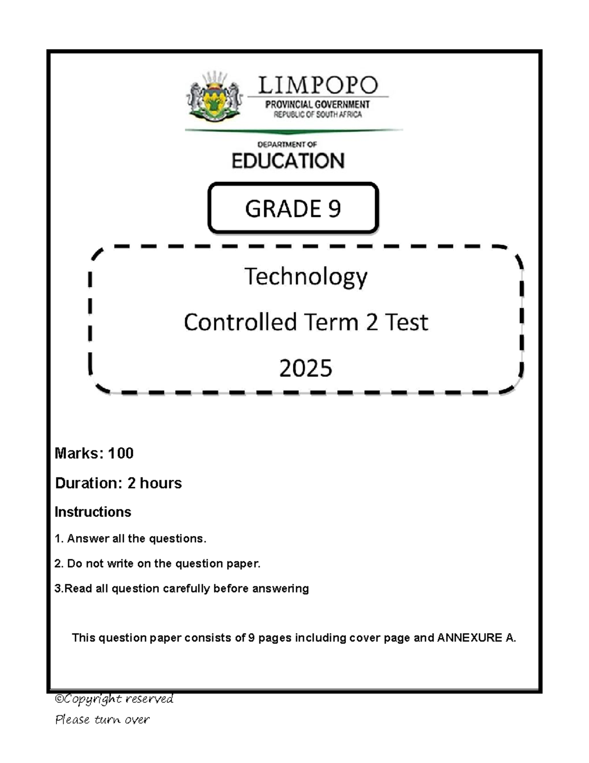 Grd 9 Tech June Exam 2025: Question Paper & Instructions - Studocu