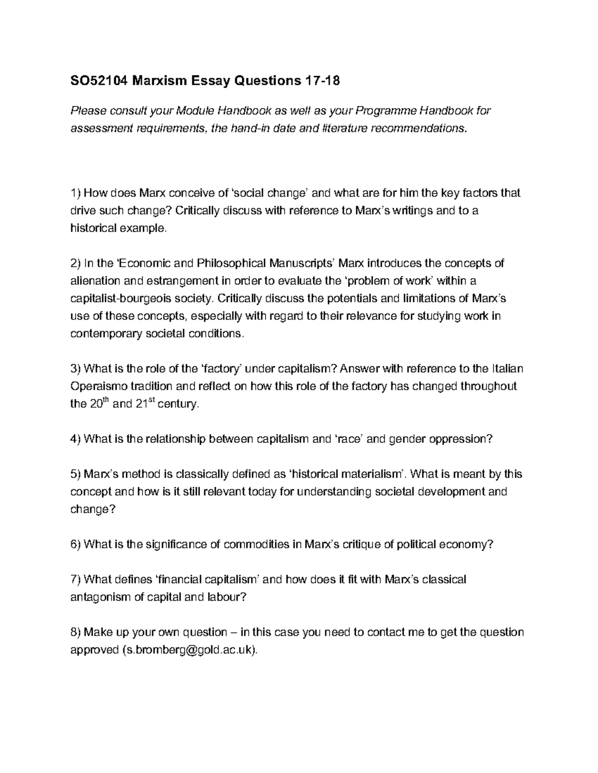 SO52104 Marxism Essay Questions - Exam November 2017 - Studocu