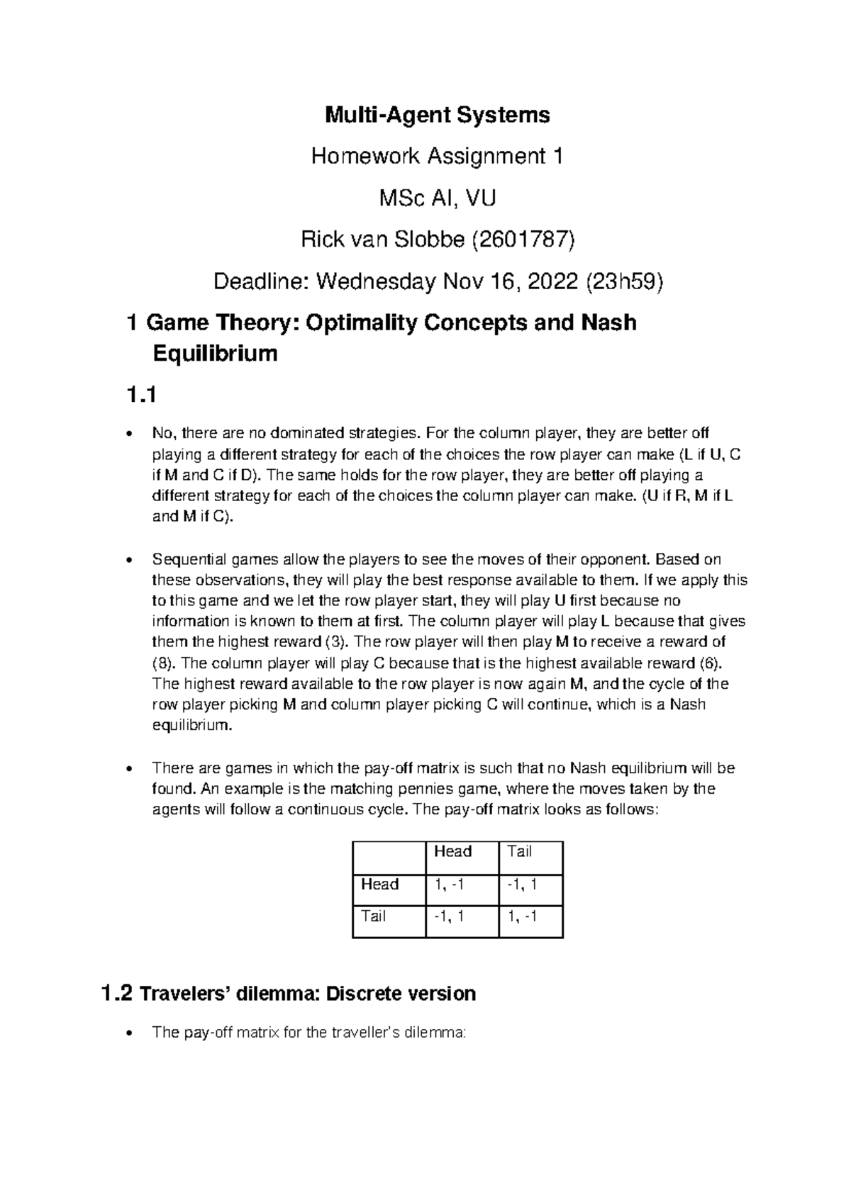 Multi-Agent Systems Homework MAS 1: Game Theory Analysis - Studeersnel