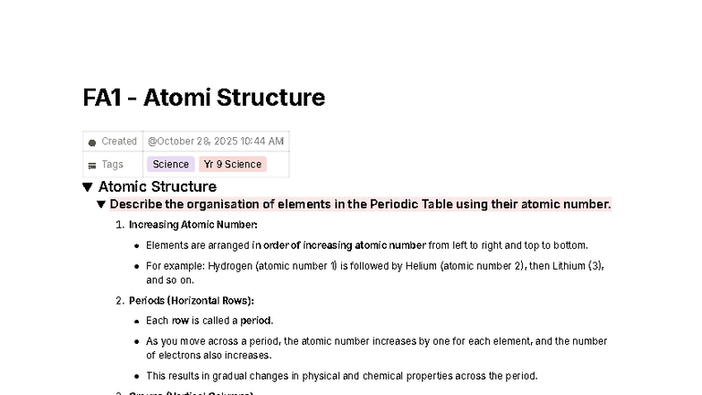FA1 Atomic Structure Notes for Year 9 Science - Studocu
