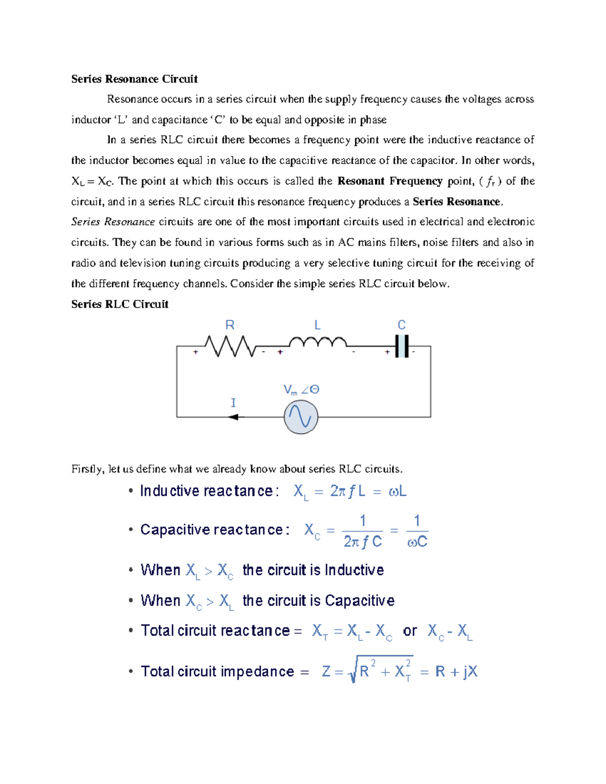 Series Resonance in RLC Circuits: Understanding ƒr and Impedance - Studocu