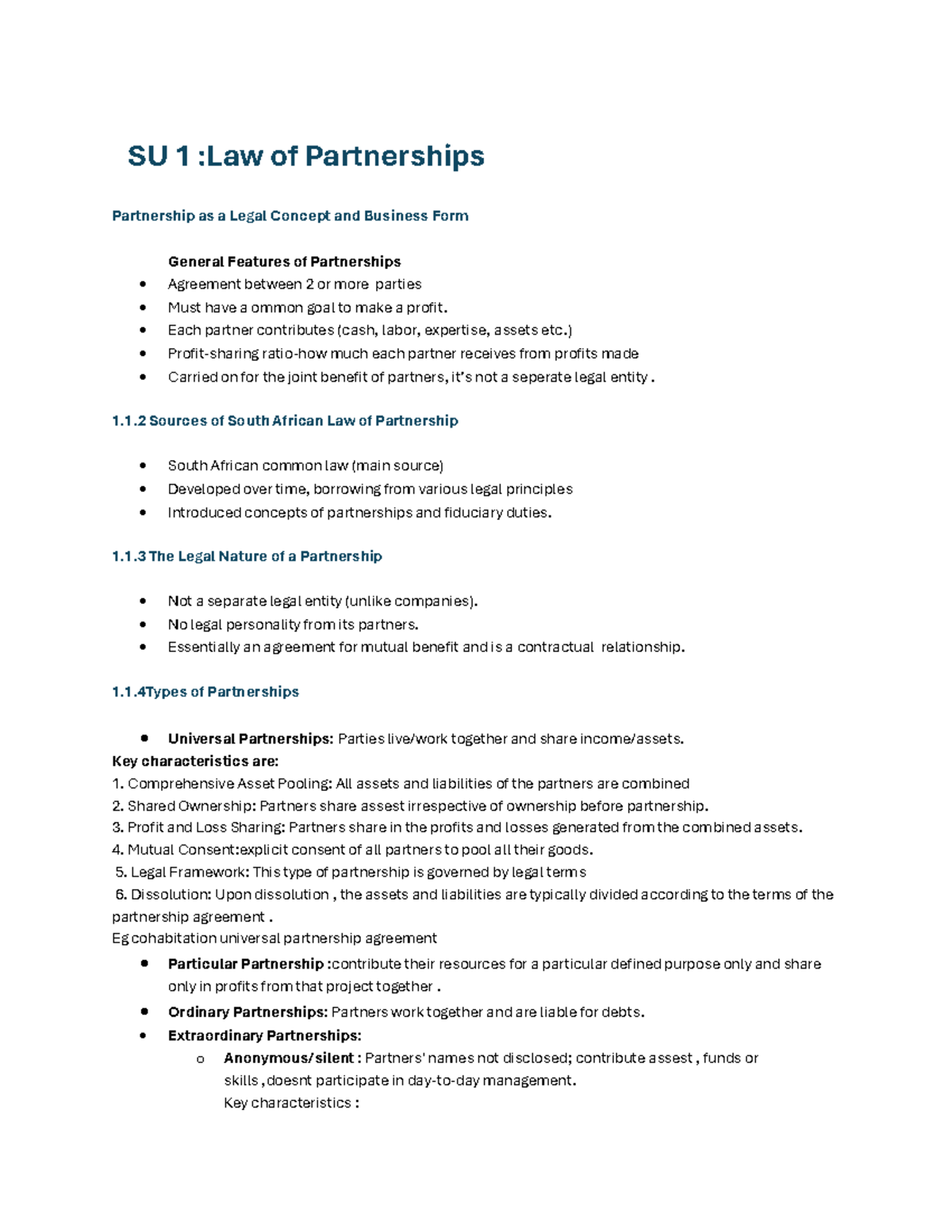 SU 1: Law of Partnerships - Key Features and Legal Nature - Studocu
