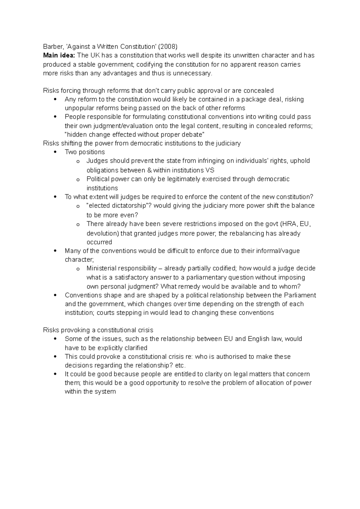 Barber's Argument Against Written Constitutions: Key Points Summary ...