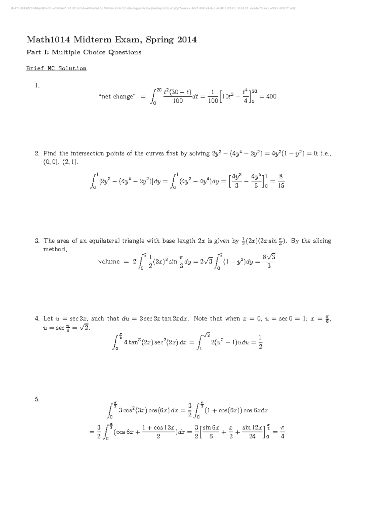 (MATH1014) Midterm Exam Solutions and Key Concepts, Spring 2014 - Studocu