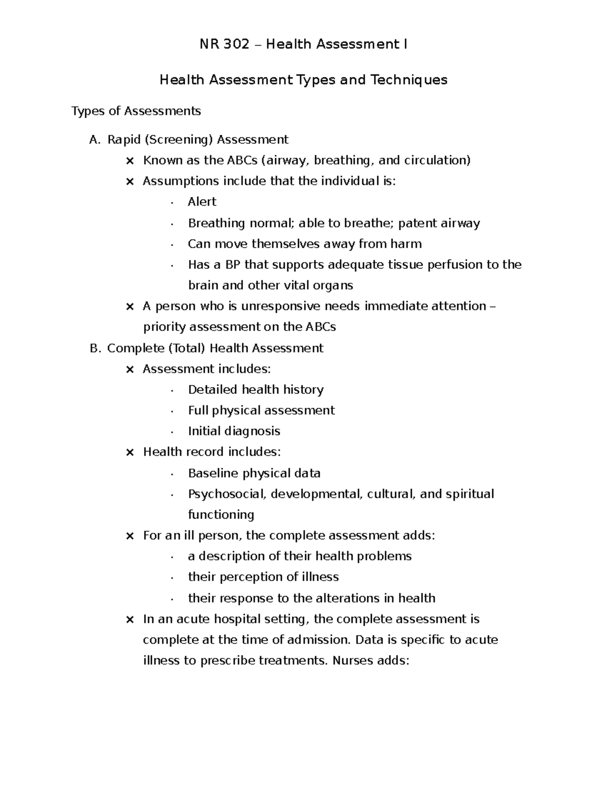 NR 302 Health Assessment I: Comprehensive Study Guide on Assessment ...